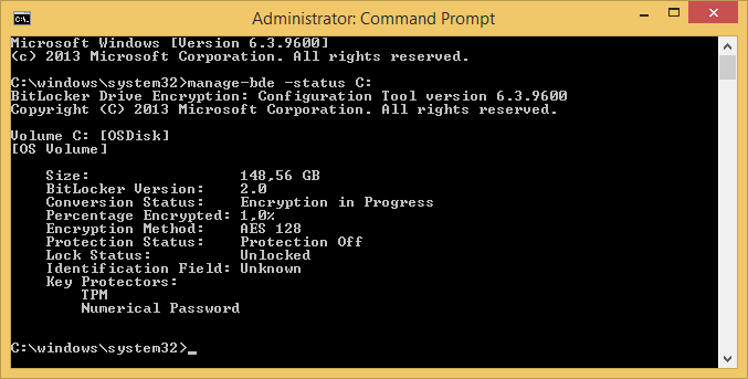 command windows showing that bde is encrypting the disk.