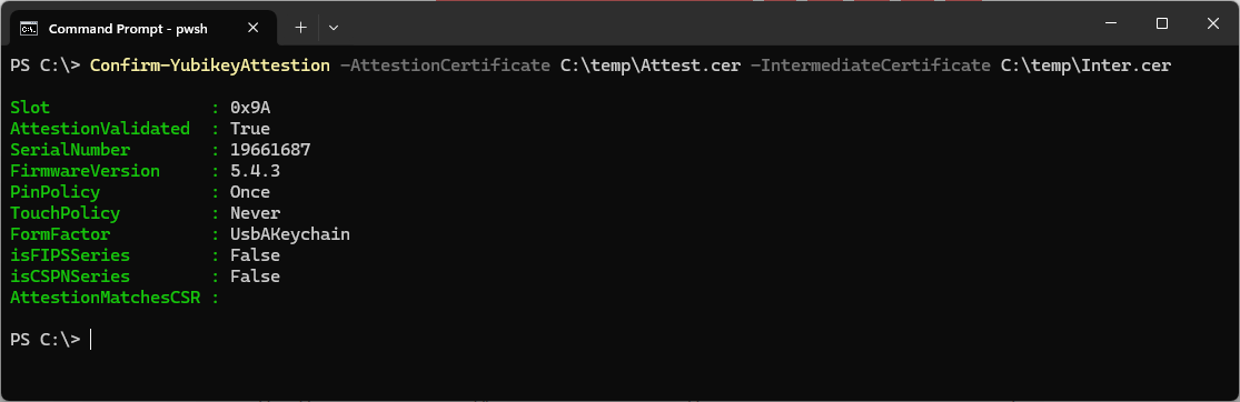 Checking Attestion and Intermediate files usinge Confirm-YubiKeyAttestion