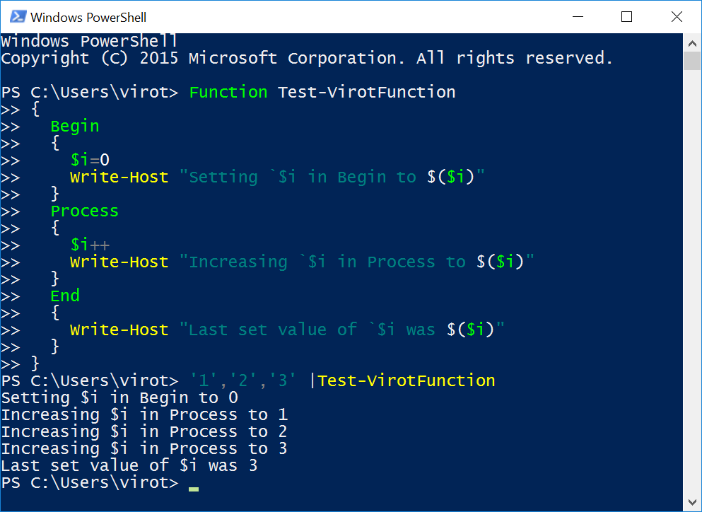 Powershell Function variables carry over from Begin to Process to End