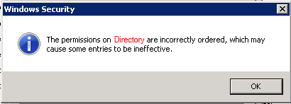 Warning dialog for incorrect ordered NTFS permissions.