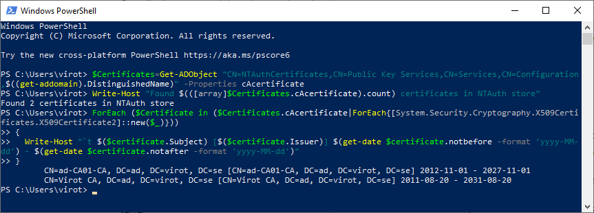 A list of certificate authorities in NTAUTH in my test domain.