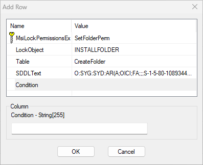 Screenshot of modification of the MsiLockPermissionsEx table