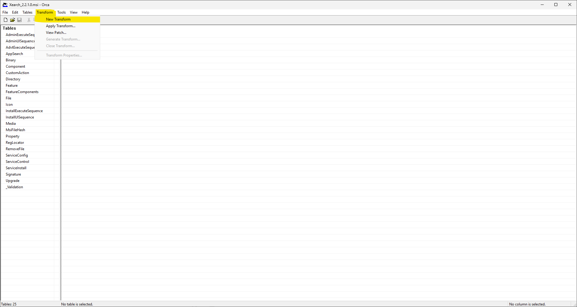 Menu showing creating a new transform